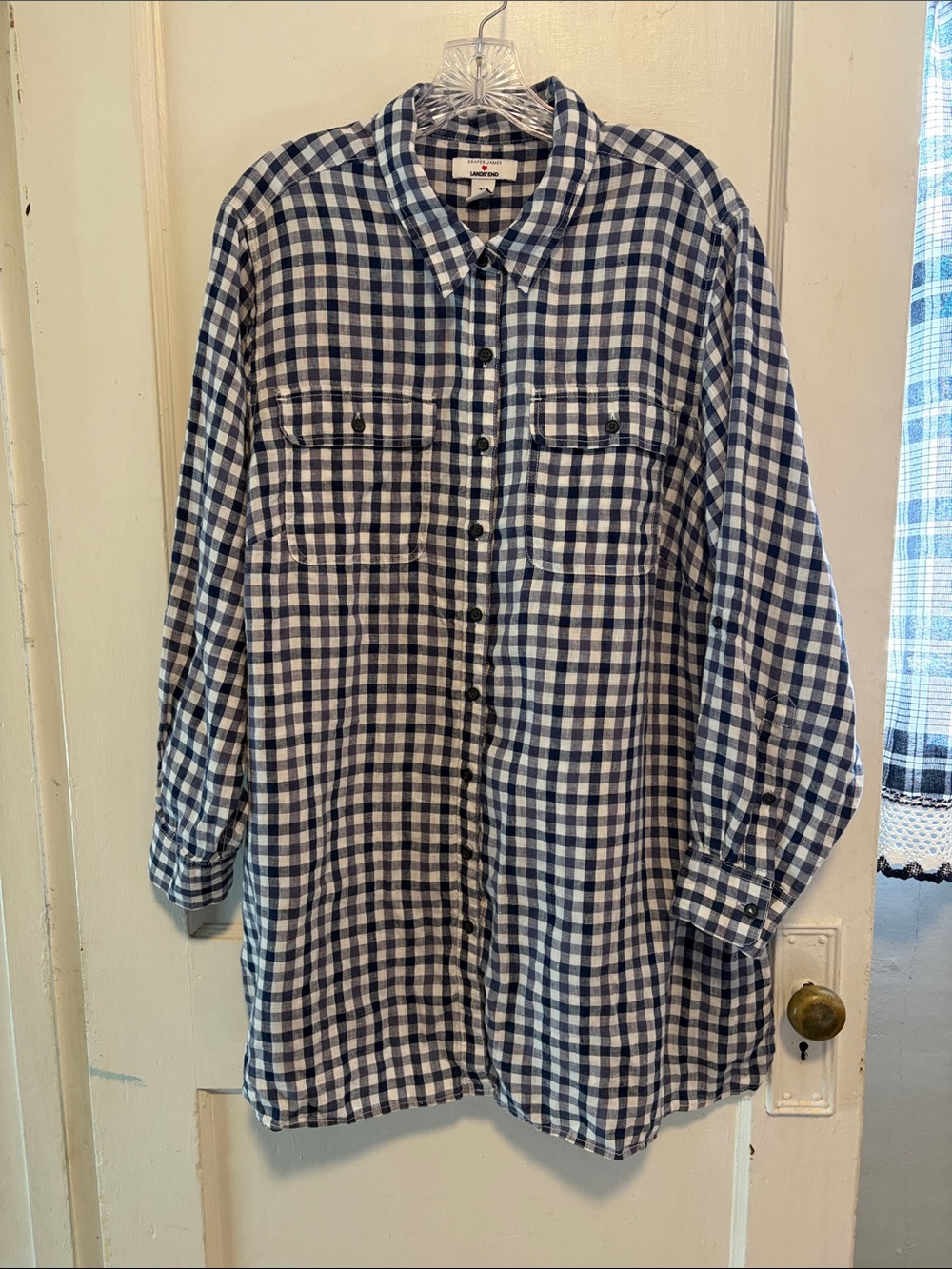 Lands End x Draper James 100% Linen Gingham Button Down Shirt Navy White Sz 2X